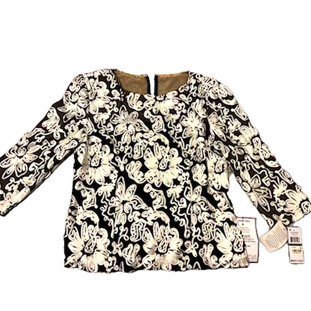 NWT Alex Evenings Women’s Black & White Zip Up Longsleeve Blouse w/ Sewn Detail